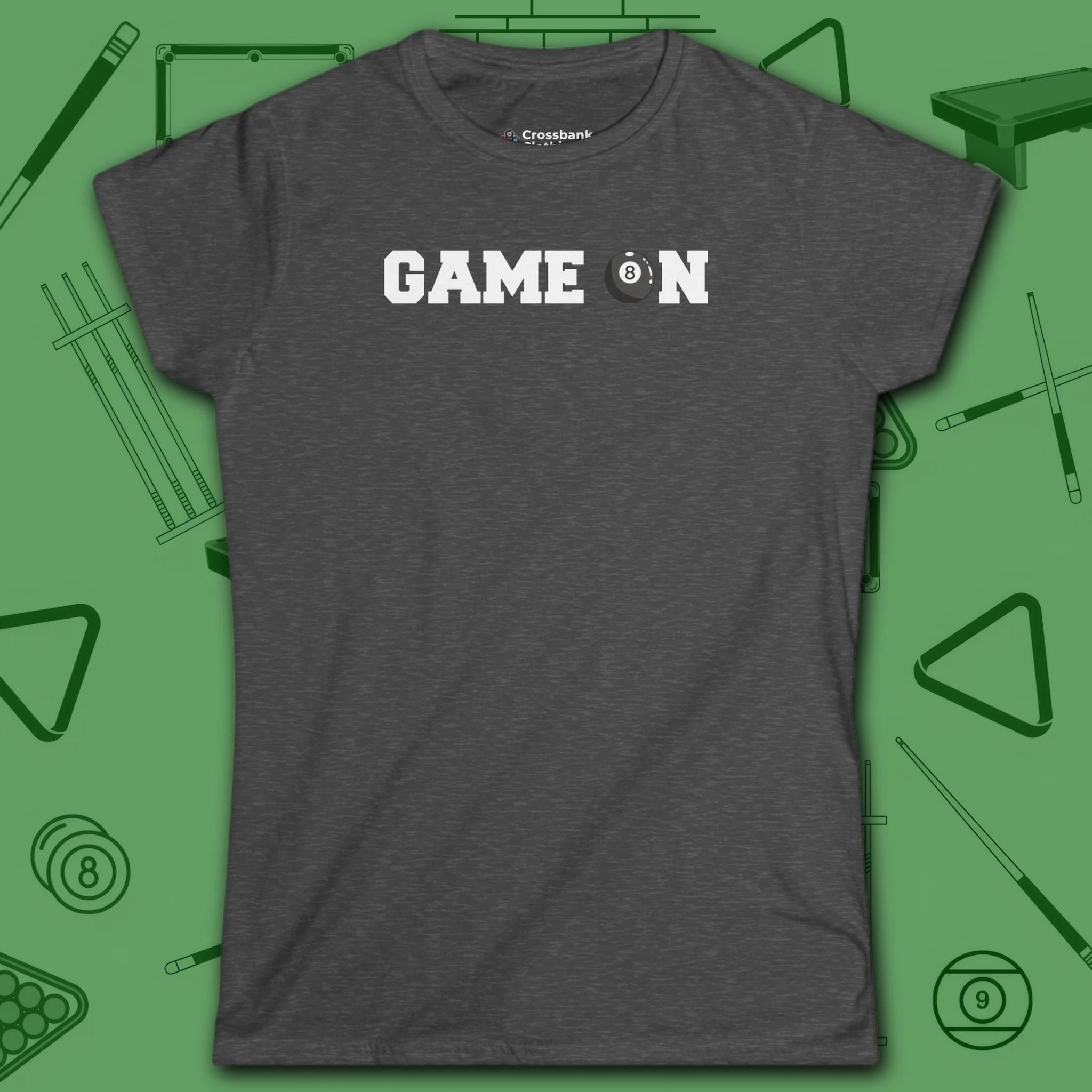 Game On Eight Ball Women's Cut Tee, in Irish Green color, billiards shirt, front view