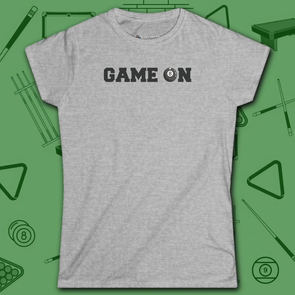 Game On Eight Ball Women's Cut Tee, in Light Blue color, billiards shirt, front view