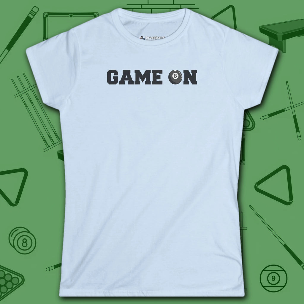Game On Eight Ball Women's Cut Tee, in Navy color, billiards shirt, front view