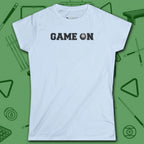 Game On Eight Ball Women's Cut Tee, in Navy color, billiards shirt, front view