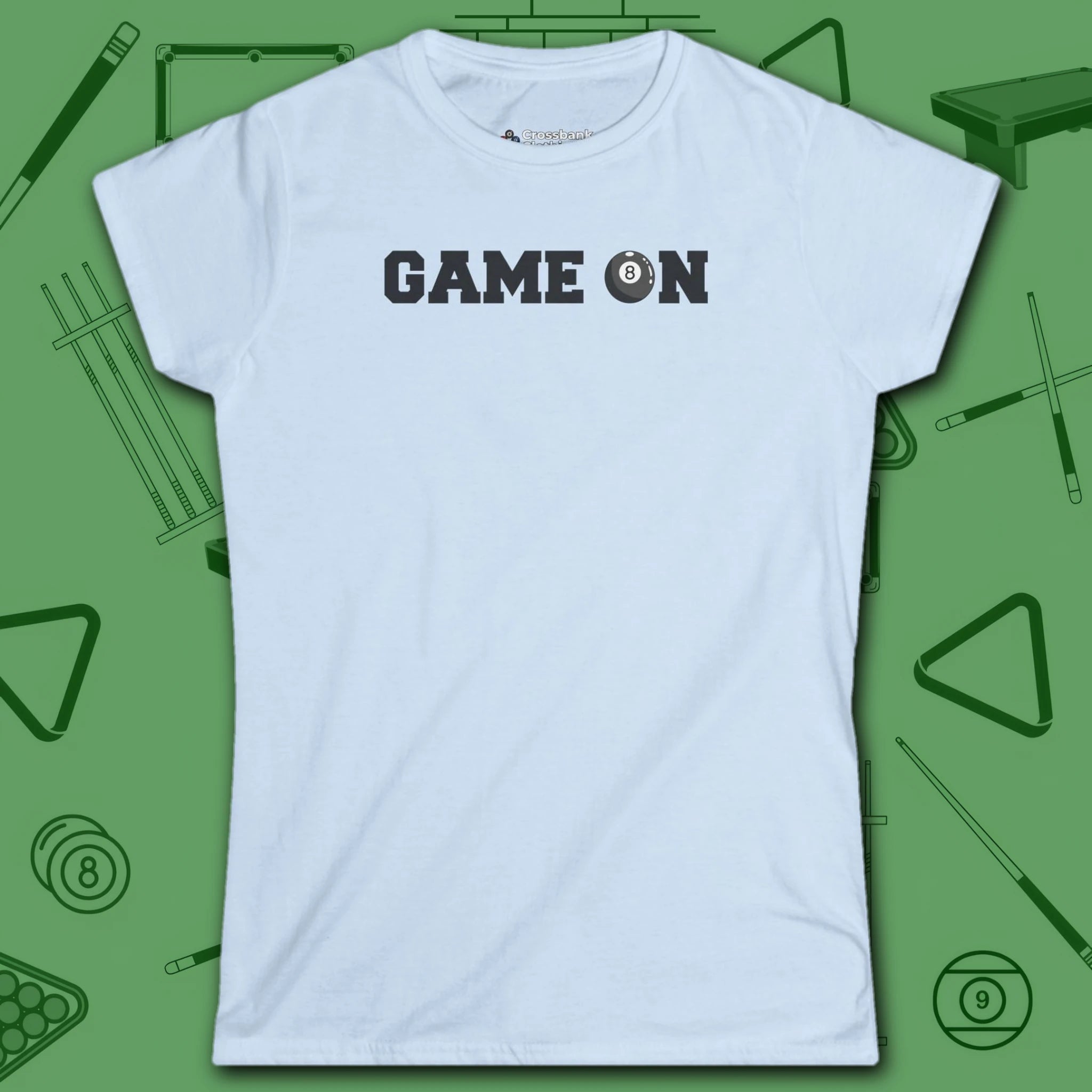 Game On Eight Ball Women's Cut Tee, in Navy color, billiards shirt, front view