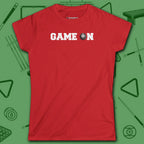 Game On Eight Ball Women's Cut Tee, in Red color, billiards shirt, front view