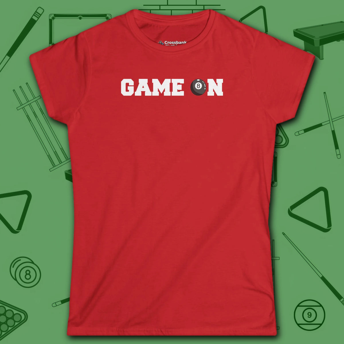 Game On Eight Ball Women's Cut Tee, in Red color, billiards shirt, front view