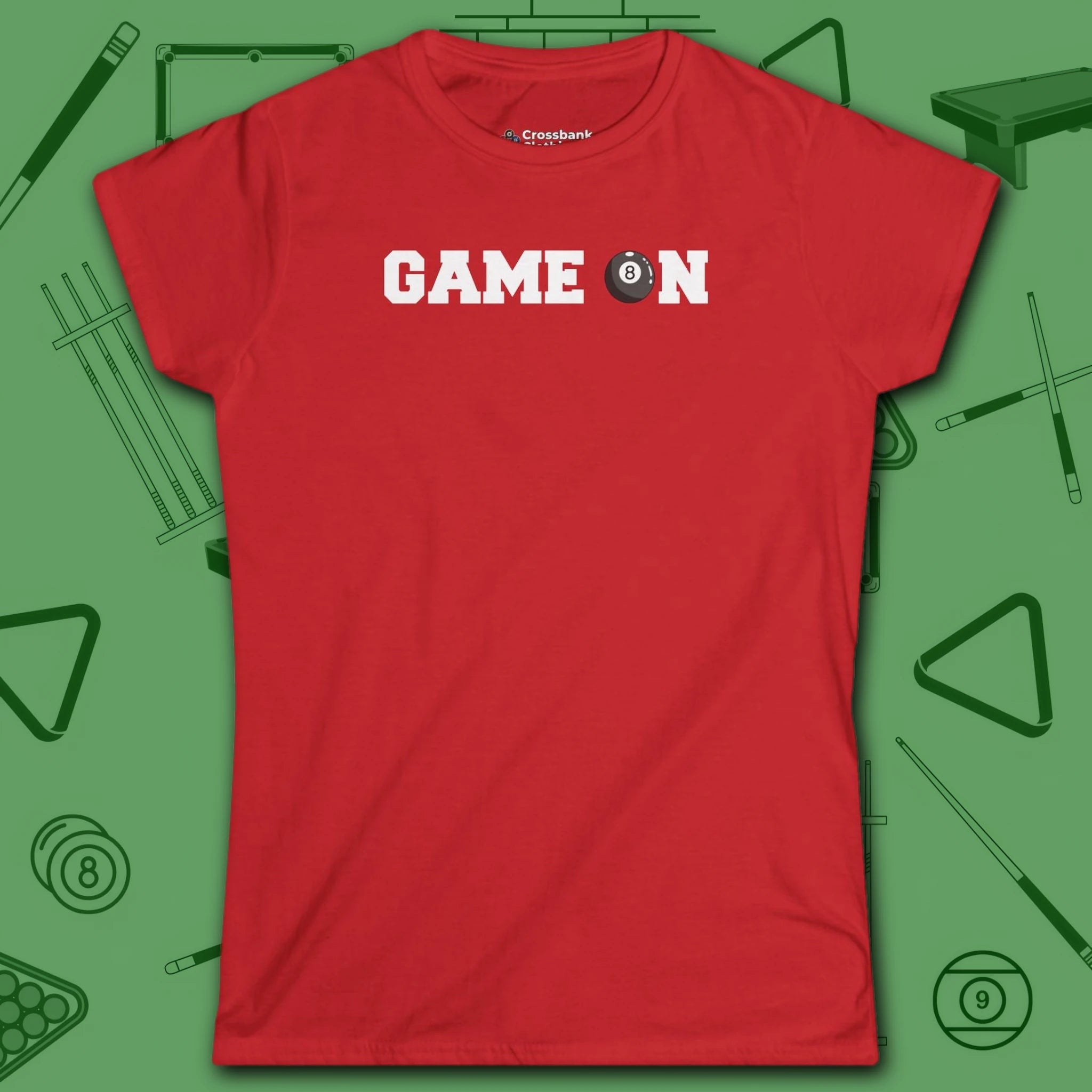 Game On Eight Ball Women's Cut Tee, in Sport Grey color, billiards shirt, front view