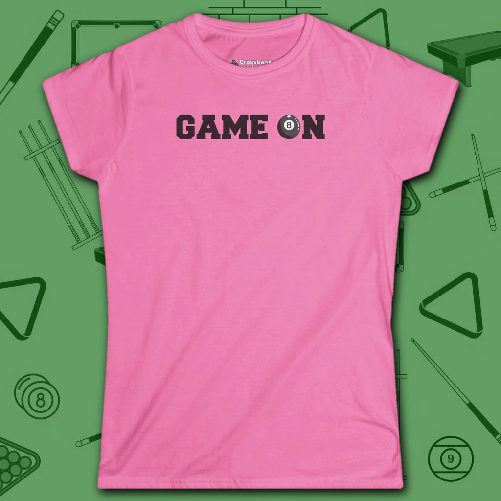 Game On Eight Ball Women's Cut Tee, in White color, billiards shirt, front view