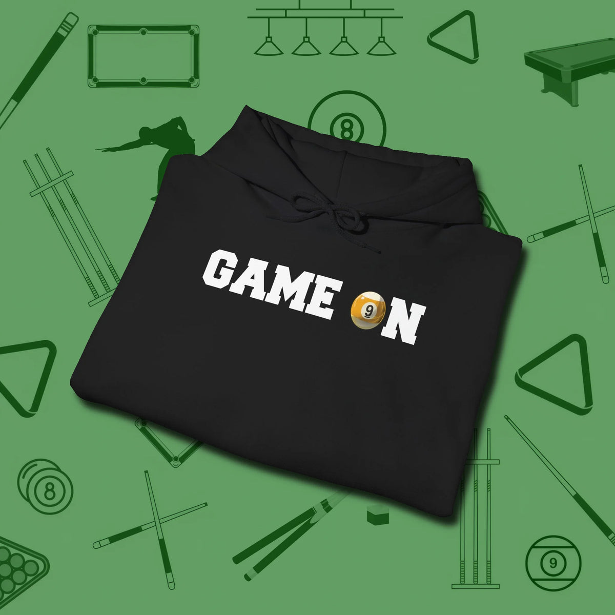 Game On Nine Ball Hoodie, folded view, in Black because pool isn’t just a game — it’s who you are