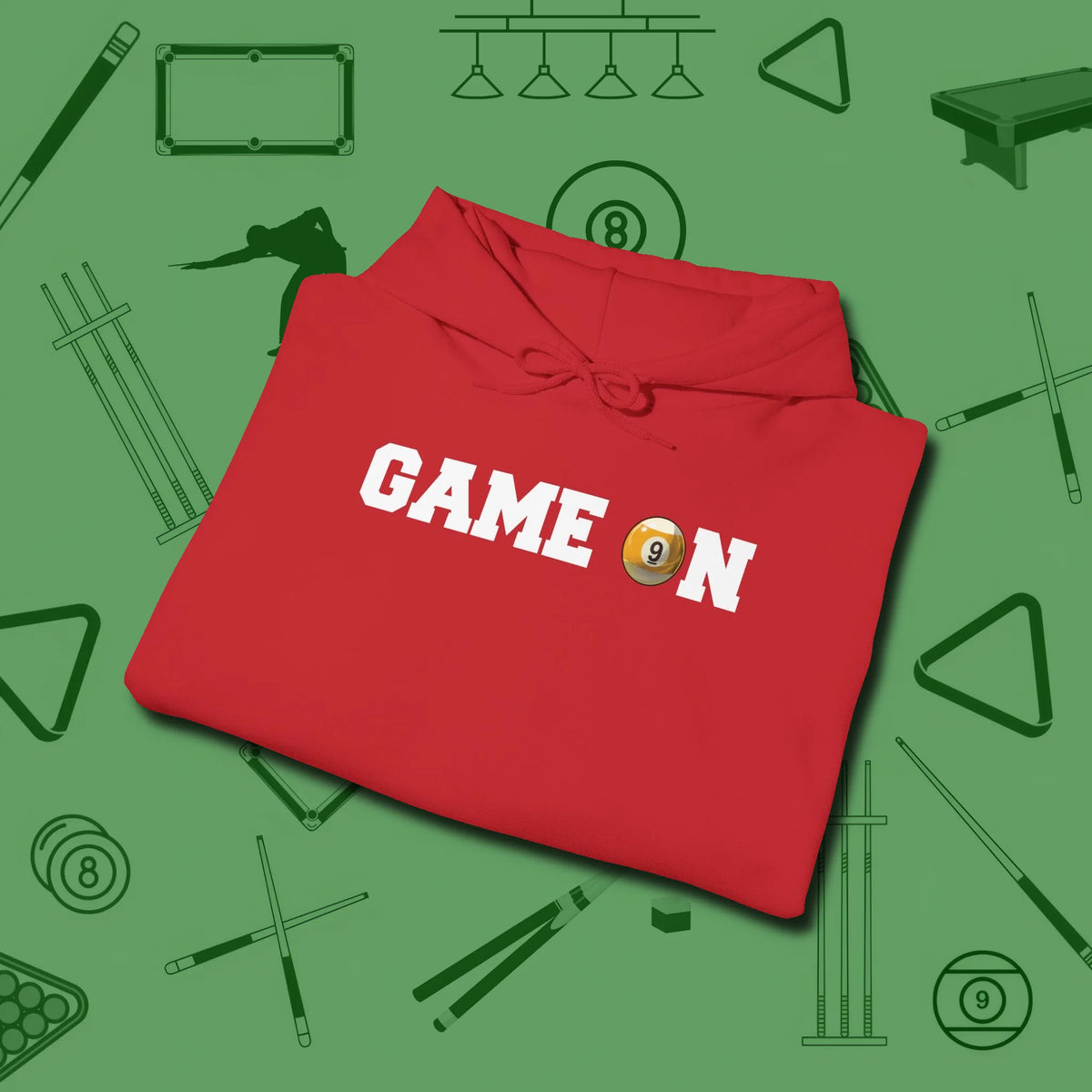 Game On Nine Ball Hoodie, folded view, in Red strike fear with swagger and precision