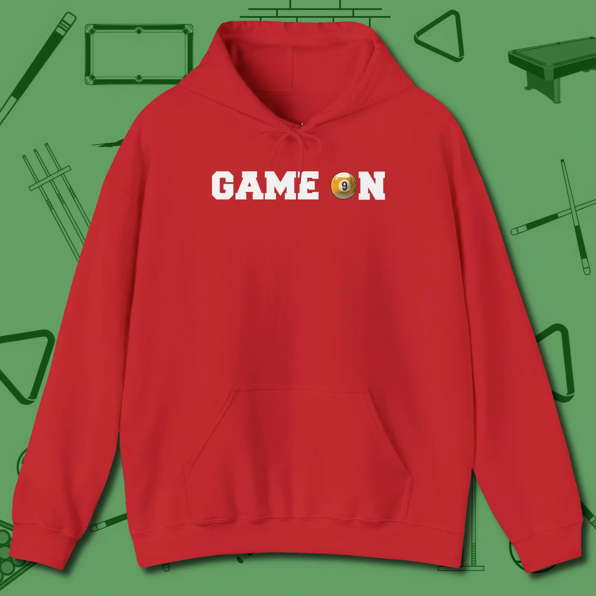 Game On Nine Ball Hoodie, front view, in Red cue sports swagger done right