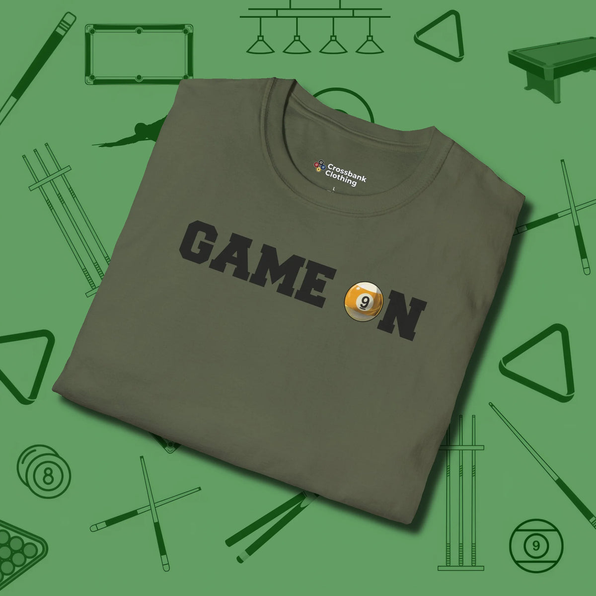 Game On Nine Ball T-Shirt, folded view, in Military Green fashion with break-and-run energy