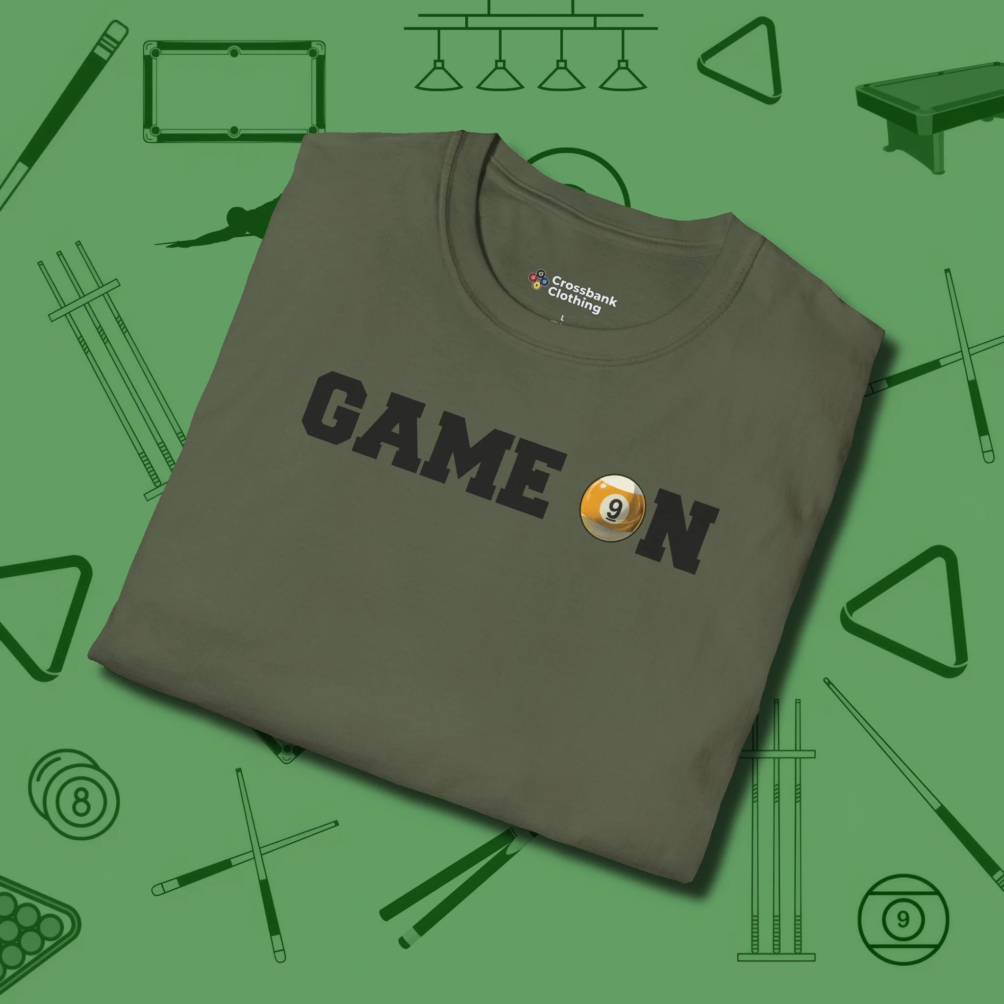 Game On Nine Ball T-Shirt, folded view, in Military Green fashion with break-and-run energy