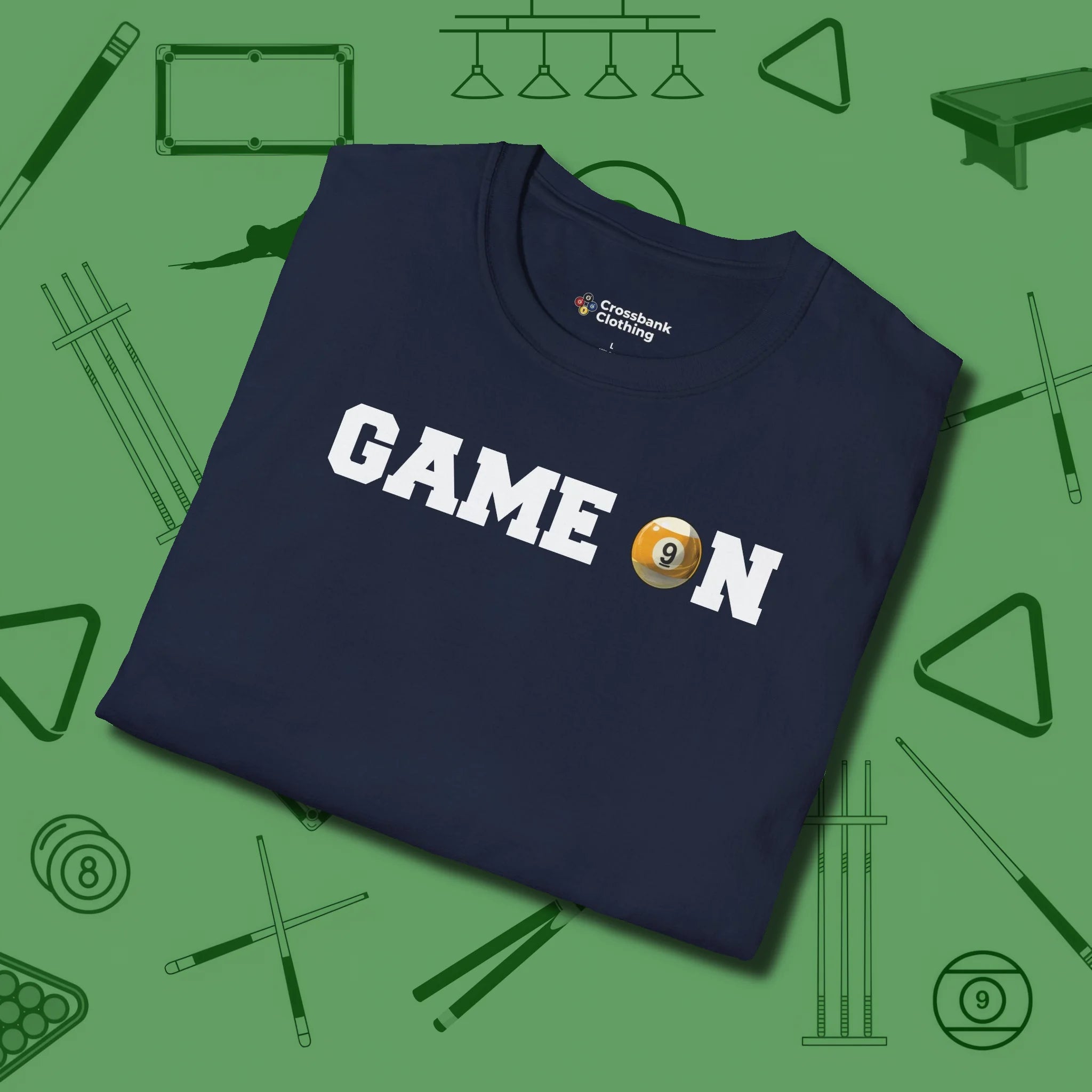 Game On Nine Ball T-Shirt, folded view, in Navy style that banks as hard as you do