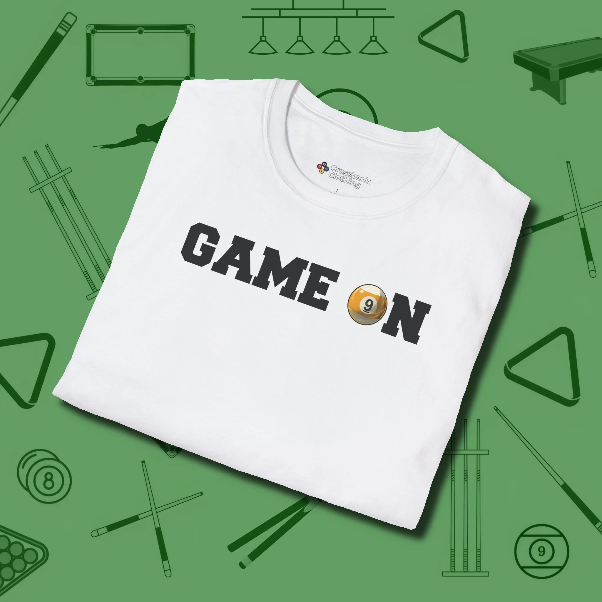 Game On Nine Ball T-Shirt, folded view, in White look good while calling your pocket