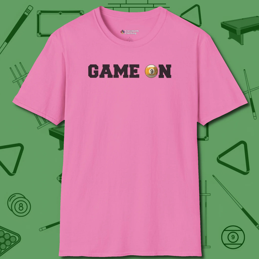 Game On Nine Ball T-Shirt, front view, in Azalea cue sports swagger done right
