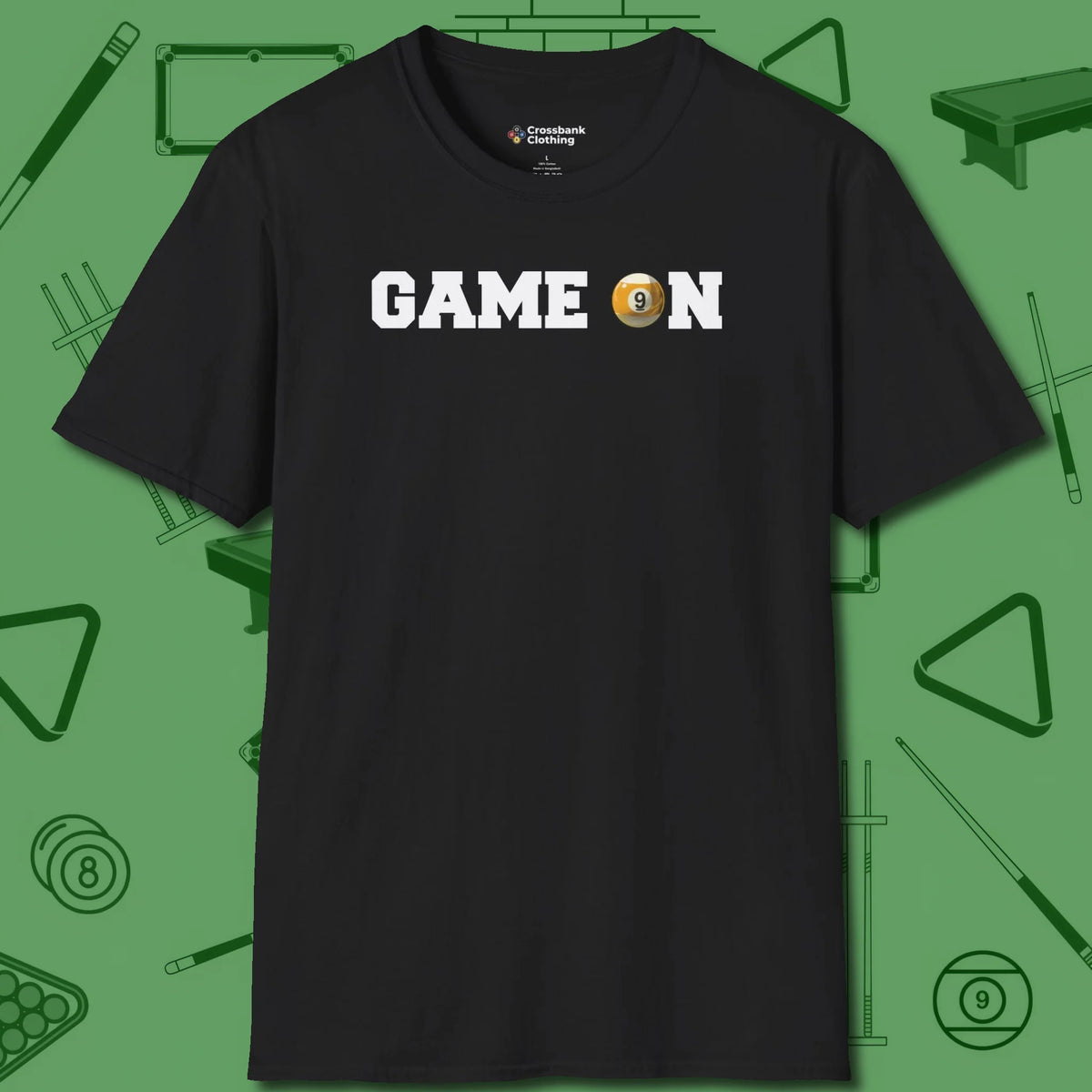 Game On Nine Ball T-Shirt, front view, in Black put your best game on display