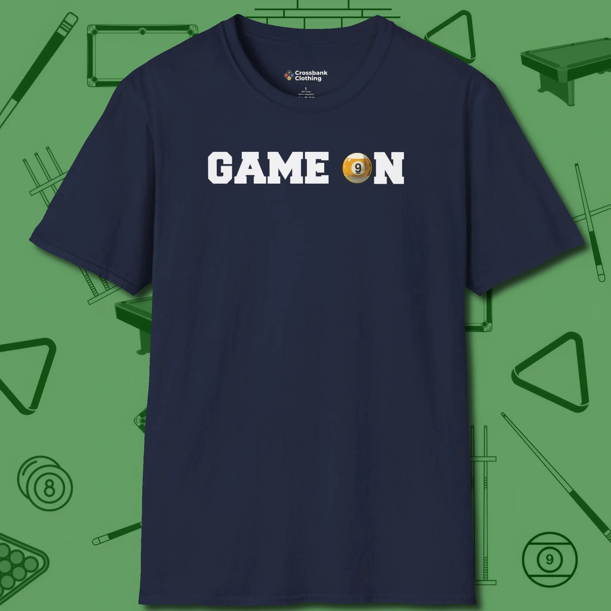 Game On Nine Ball T-Shirt, front view, in Navy play in style, win in silence