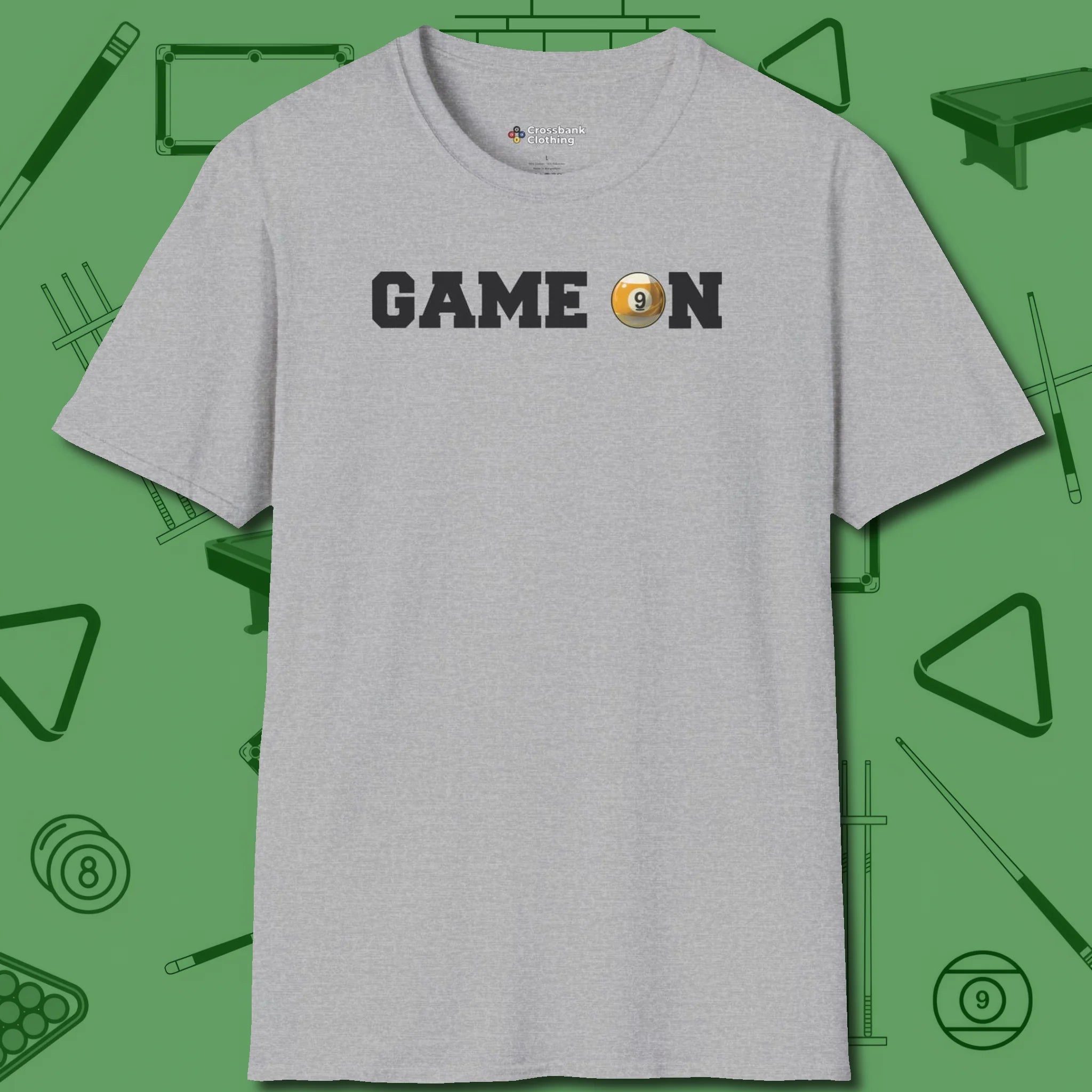 Game On Nine Ball T-Shirt, front view, in Sport Grey put your best game on display