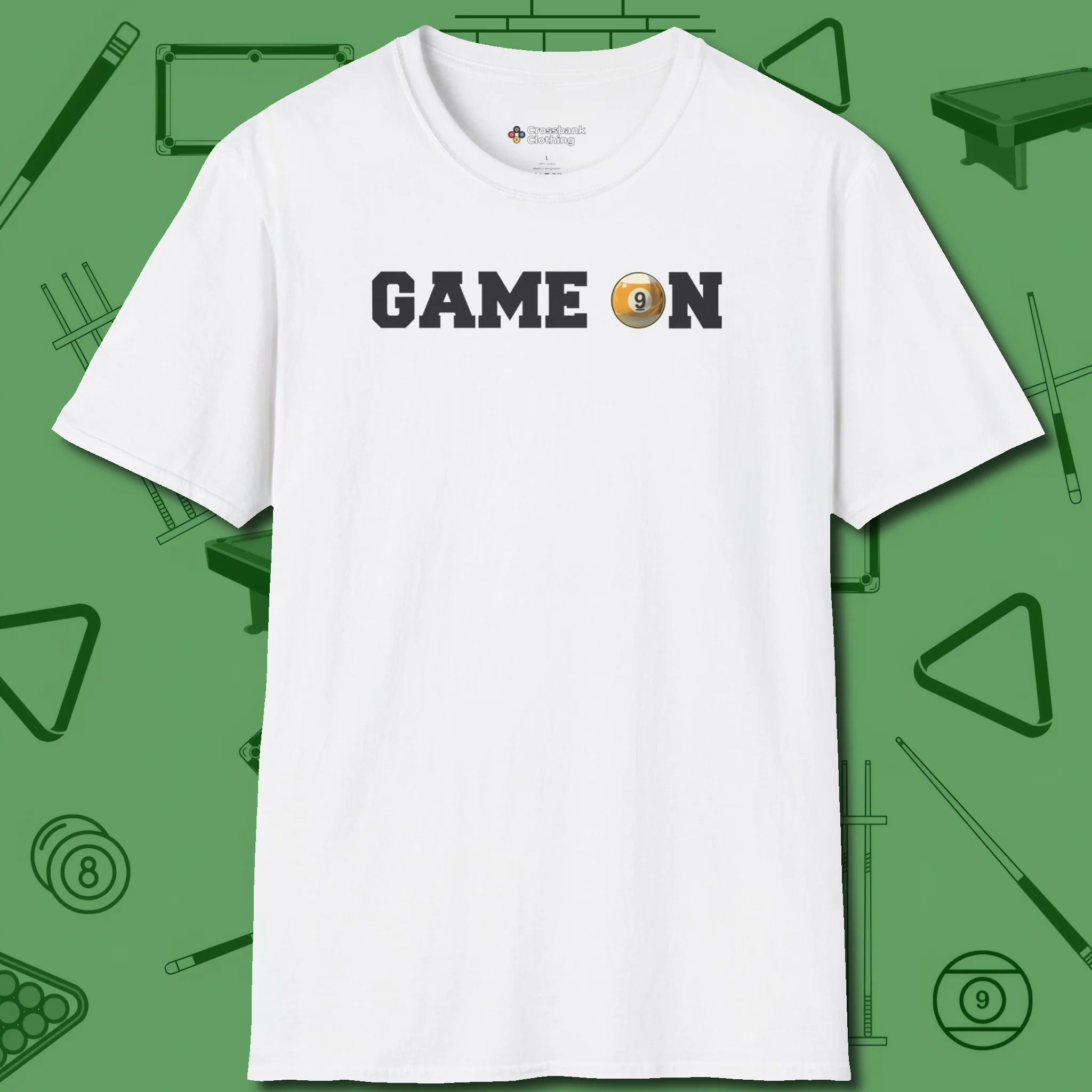 Game On Nine Ball T-Shirt, front view, in White an extension of your pool persona