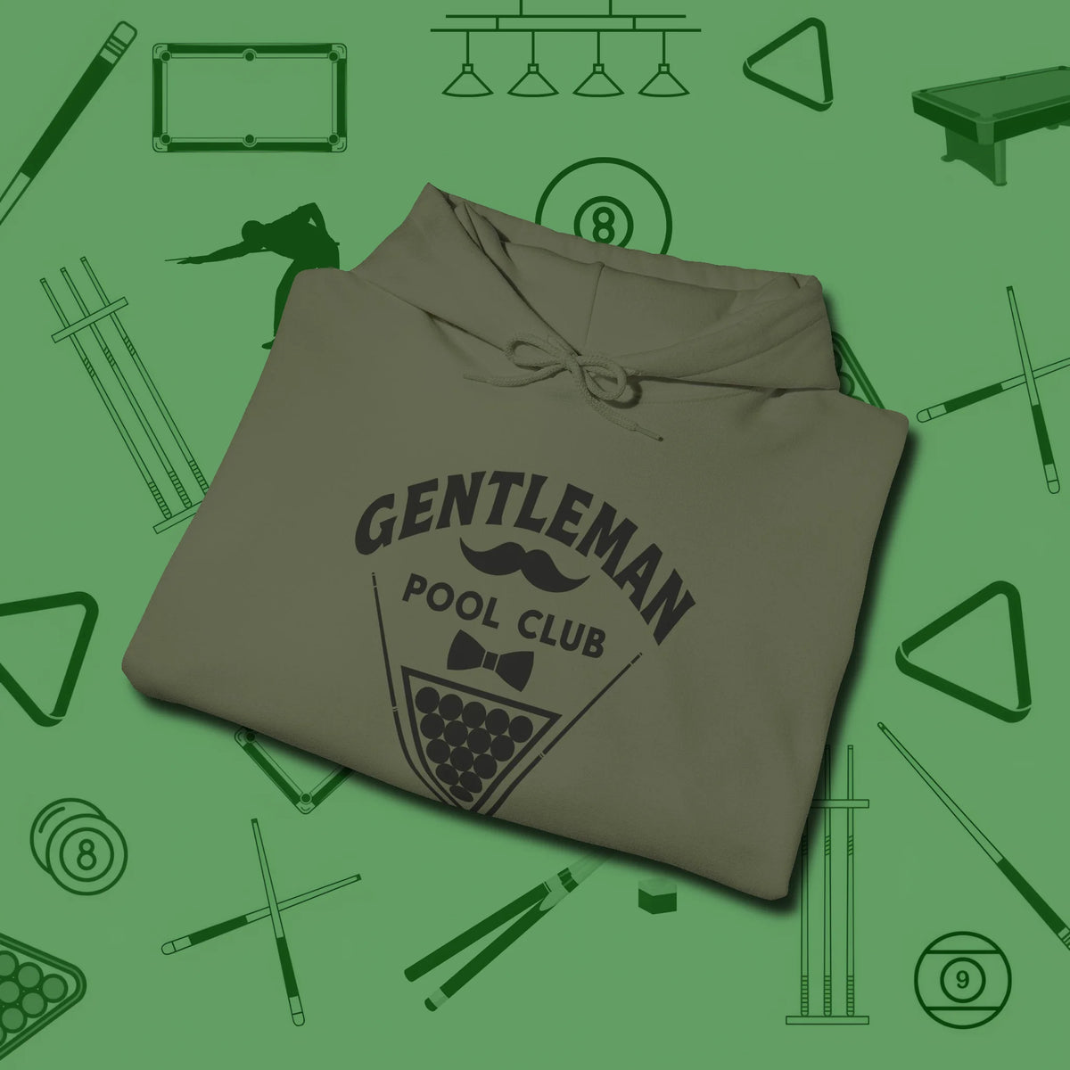 Gentleman Club Hoodie, folded view, in Military Green as serious as your stroke