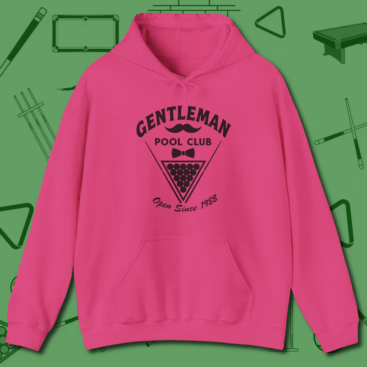 Gentleman Club Hoodie, front view, in Heliconia like your stroke — smooth and deliberate