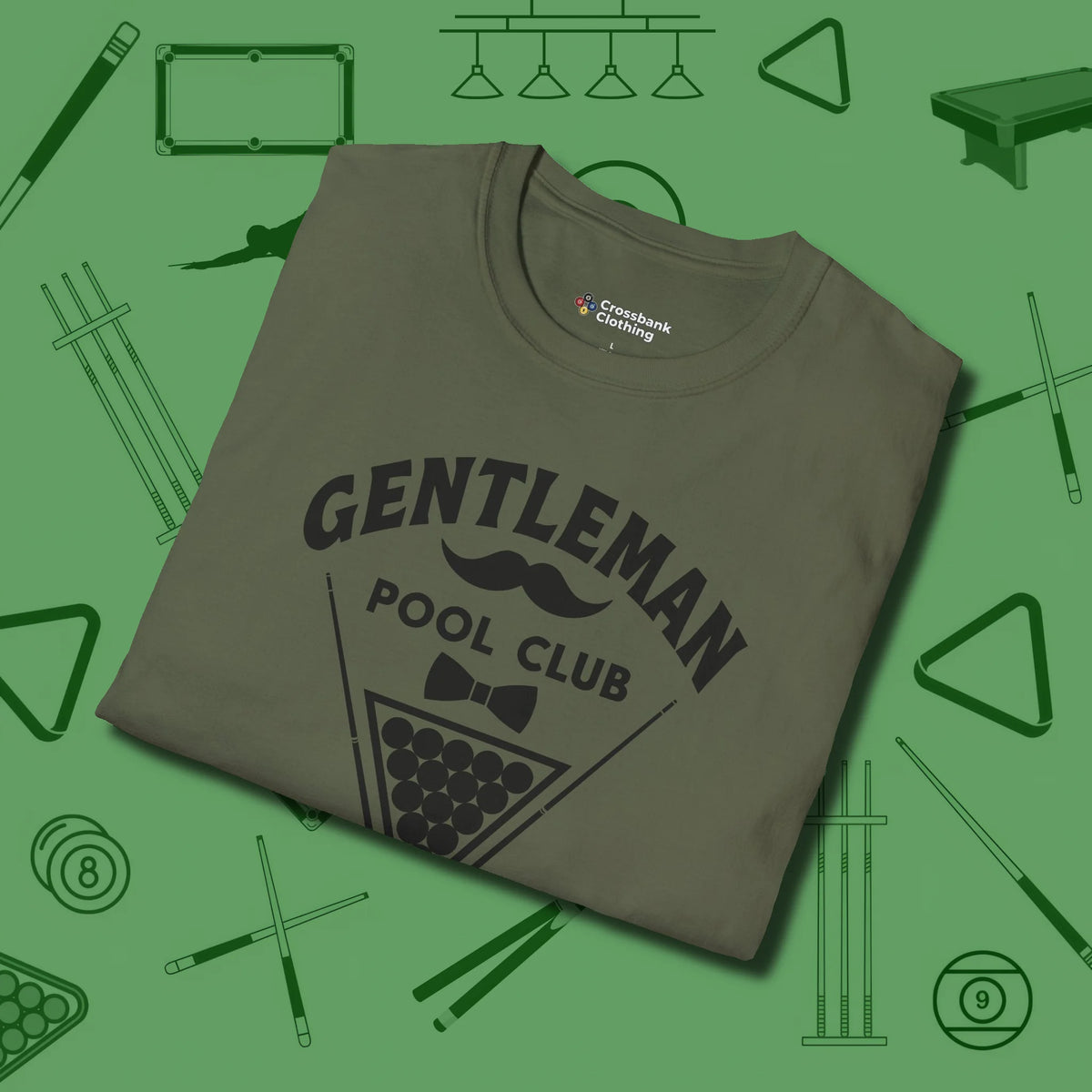 Gentleman Club T-Shirt, folded view, in Military Green cue sports swagger done right