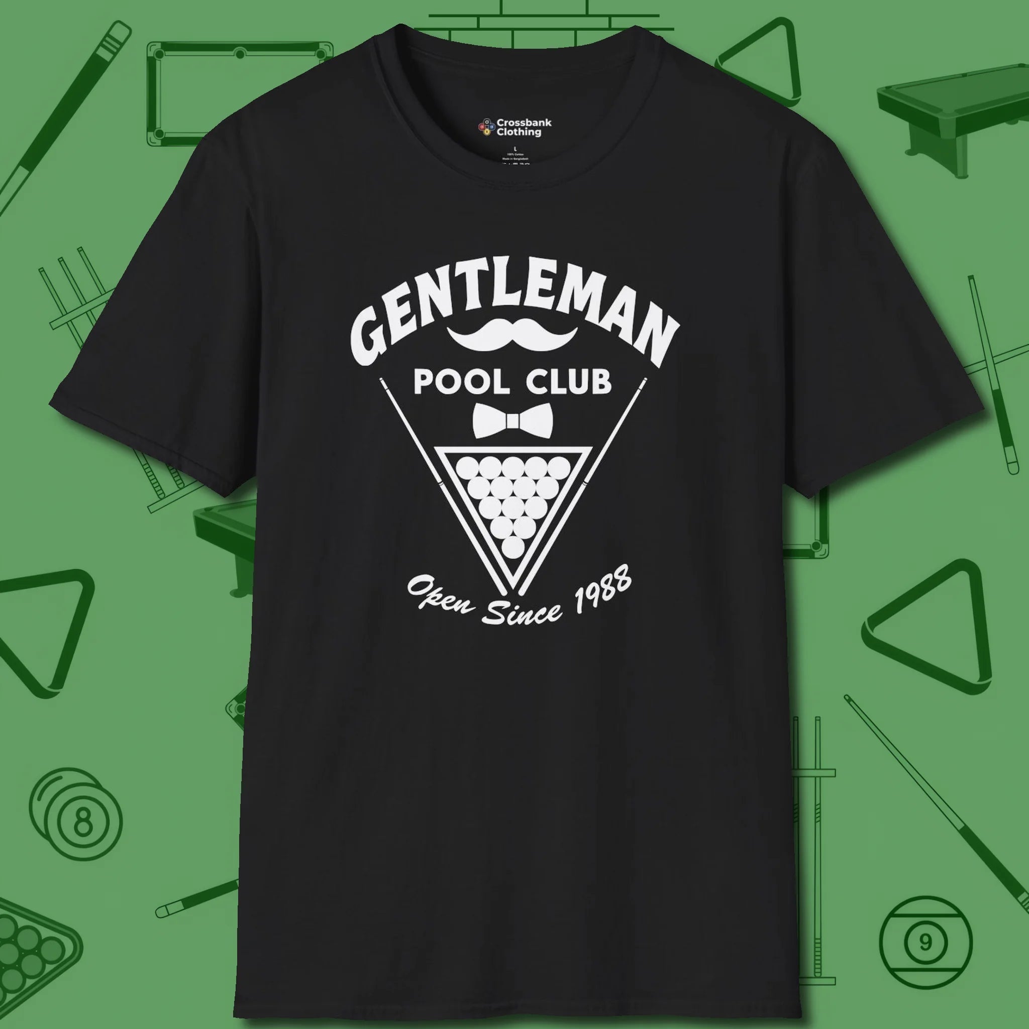 Gentleman Club T-Shirt, front view, in Black tough like your favorite break cue