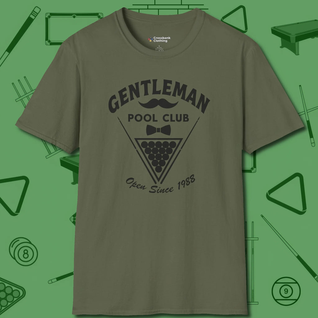 Gentleman Club T-Shirt, front view, in Military Green cool under pressure, hot on the eyes