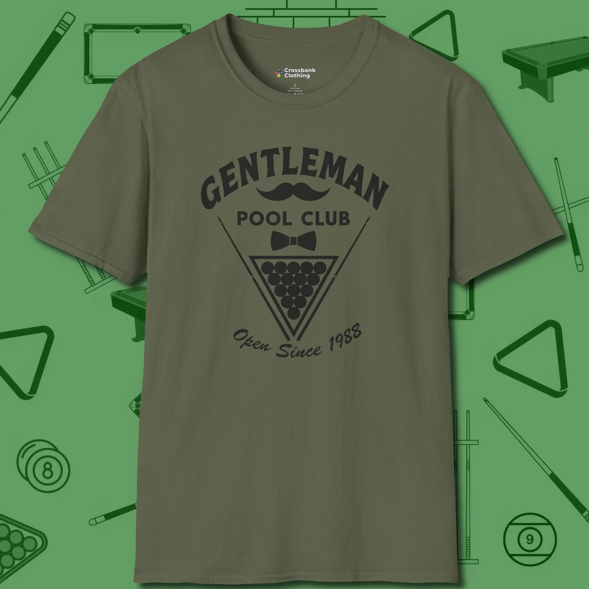 Gentleman Club T-Shirt, front view, in Military Green cool under pressure, hot on the eyes