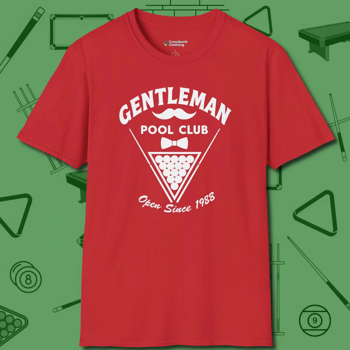 Gentleman Club T-Shirt, front view, in Red break, run out, turn heads — repeat