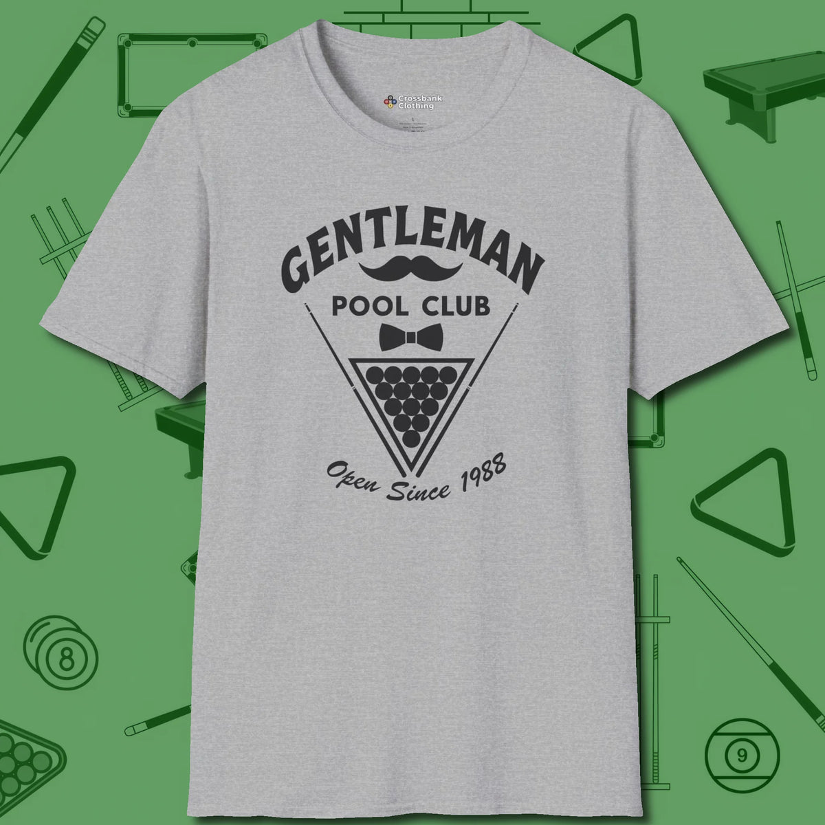 Gentleman Club T-Shirt, front view, in Sport Grey cool enough for a corner pocket finish