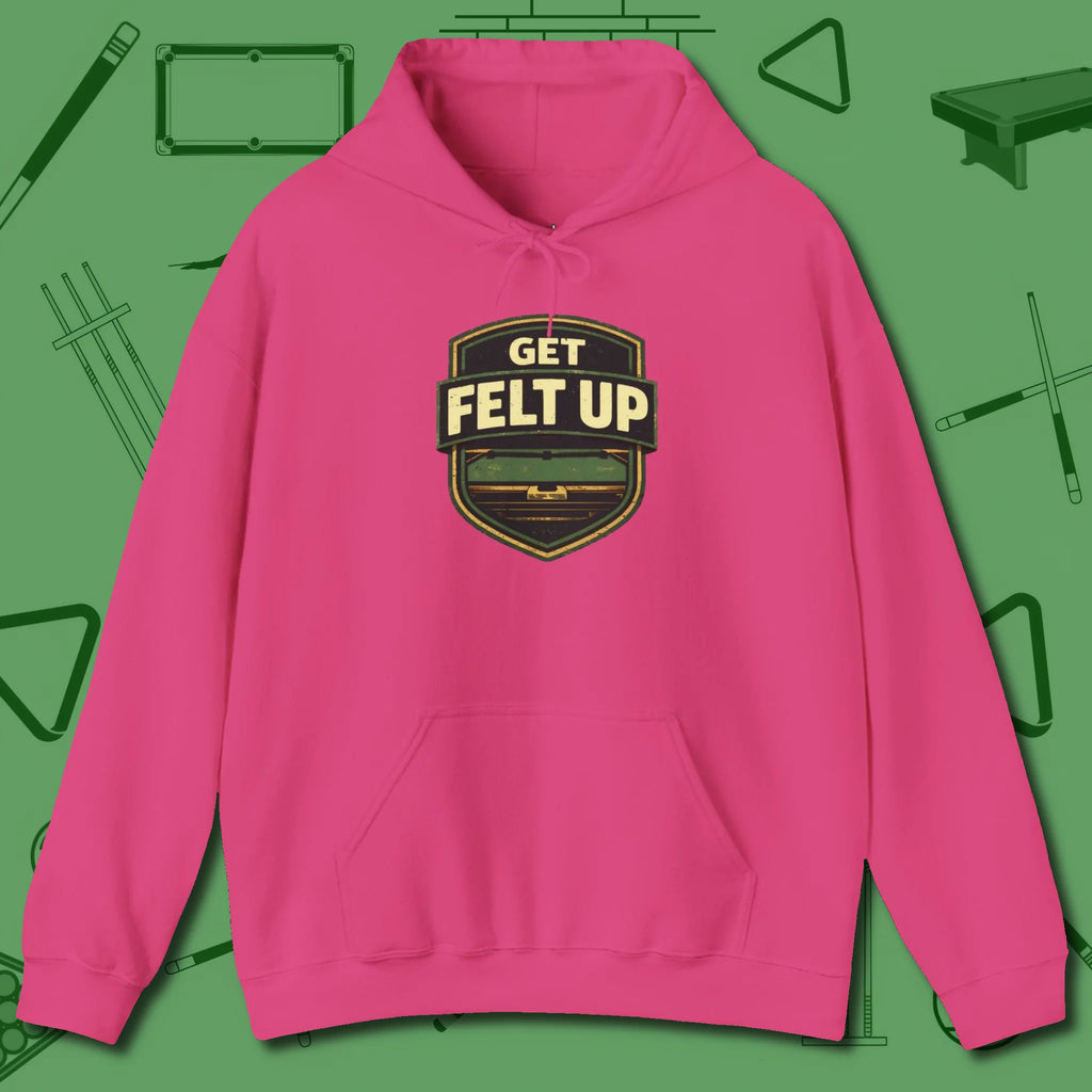 Get Felt Up Billiards Hoodie, front view, in Heliconia cue sports swagger done right
