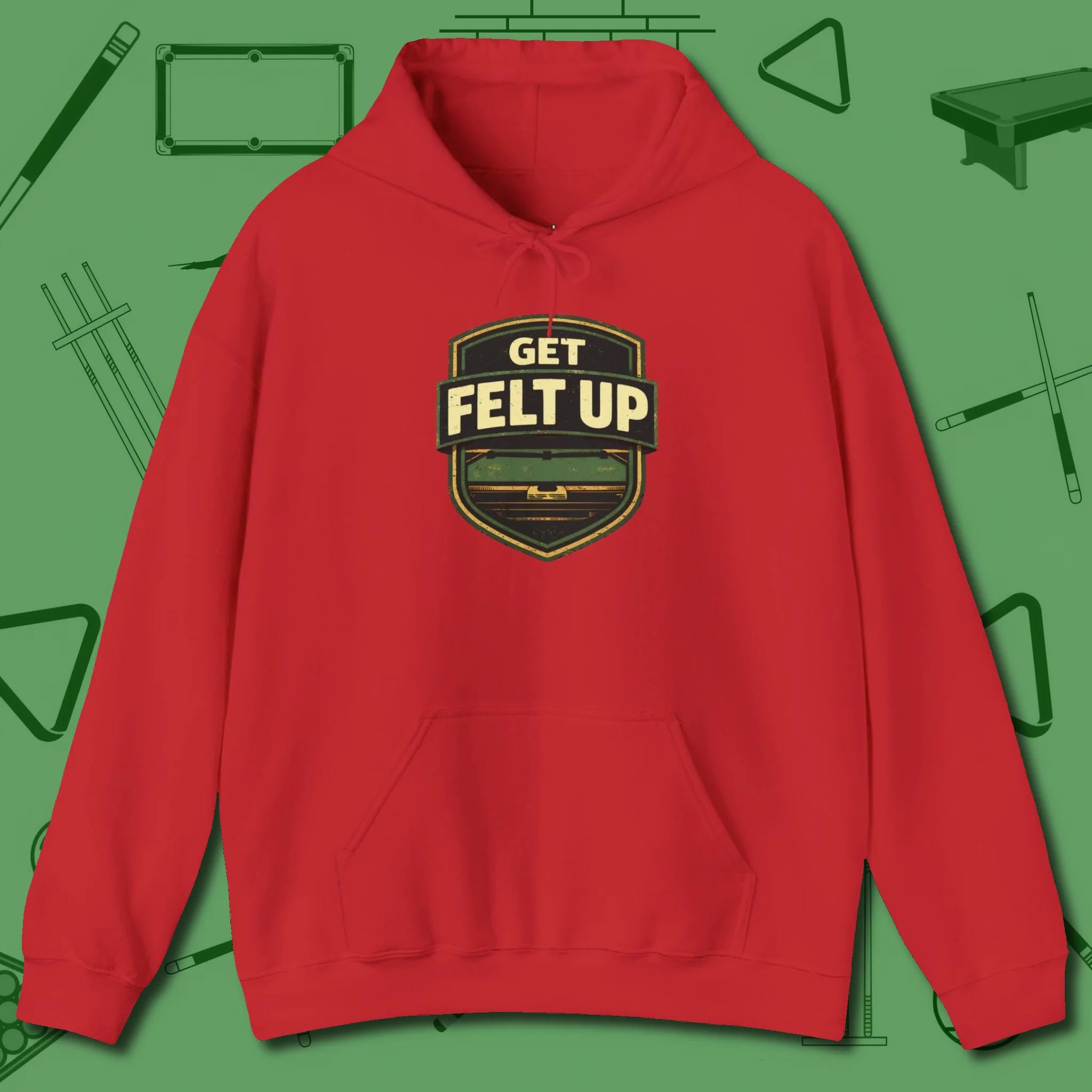 Get Felt Up Billiards Hoodie, front view, in Red play in style, win in silence