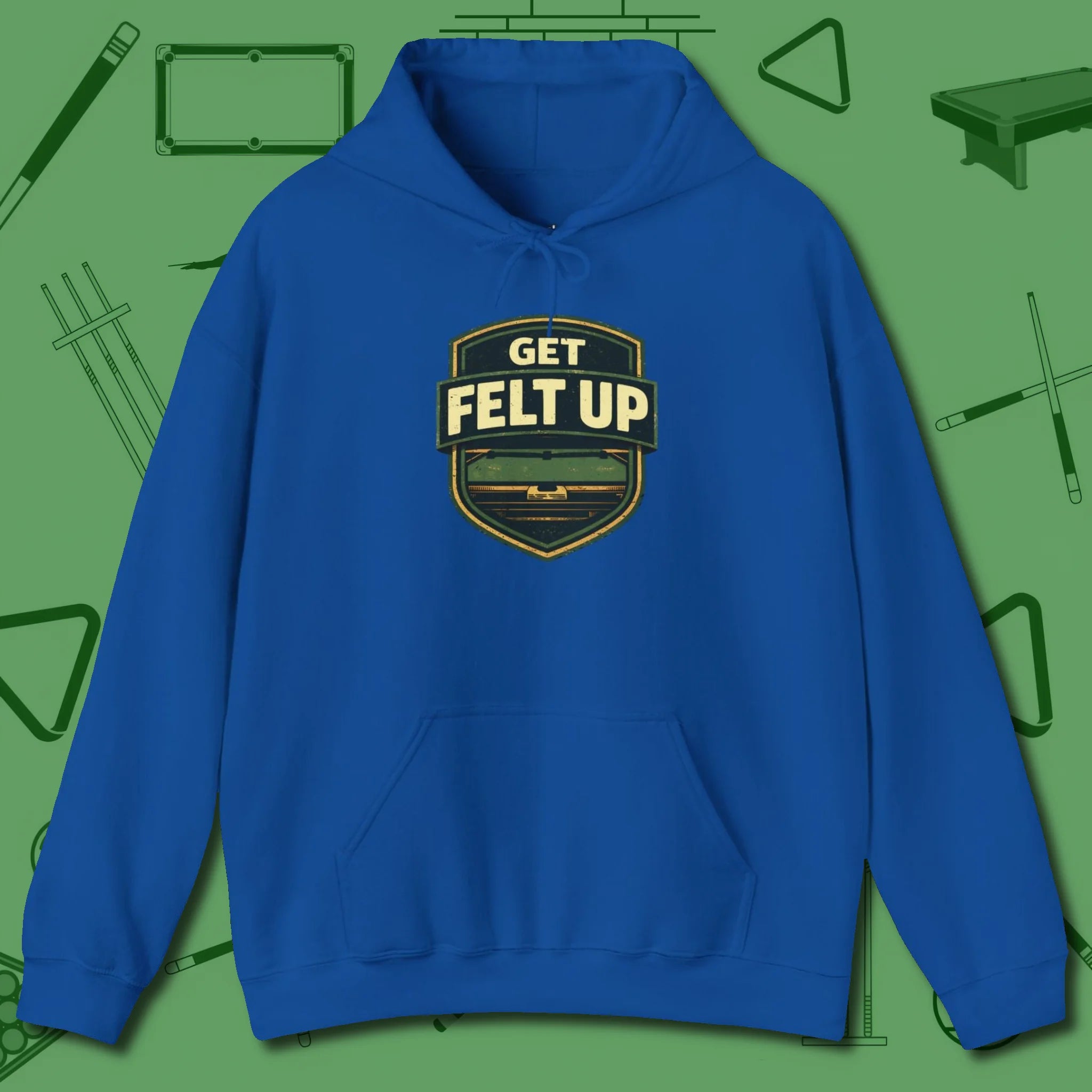 Get Felt Up Billiards Hoodie, front view, in Royal built for bold breaks and quiet confidence