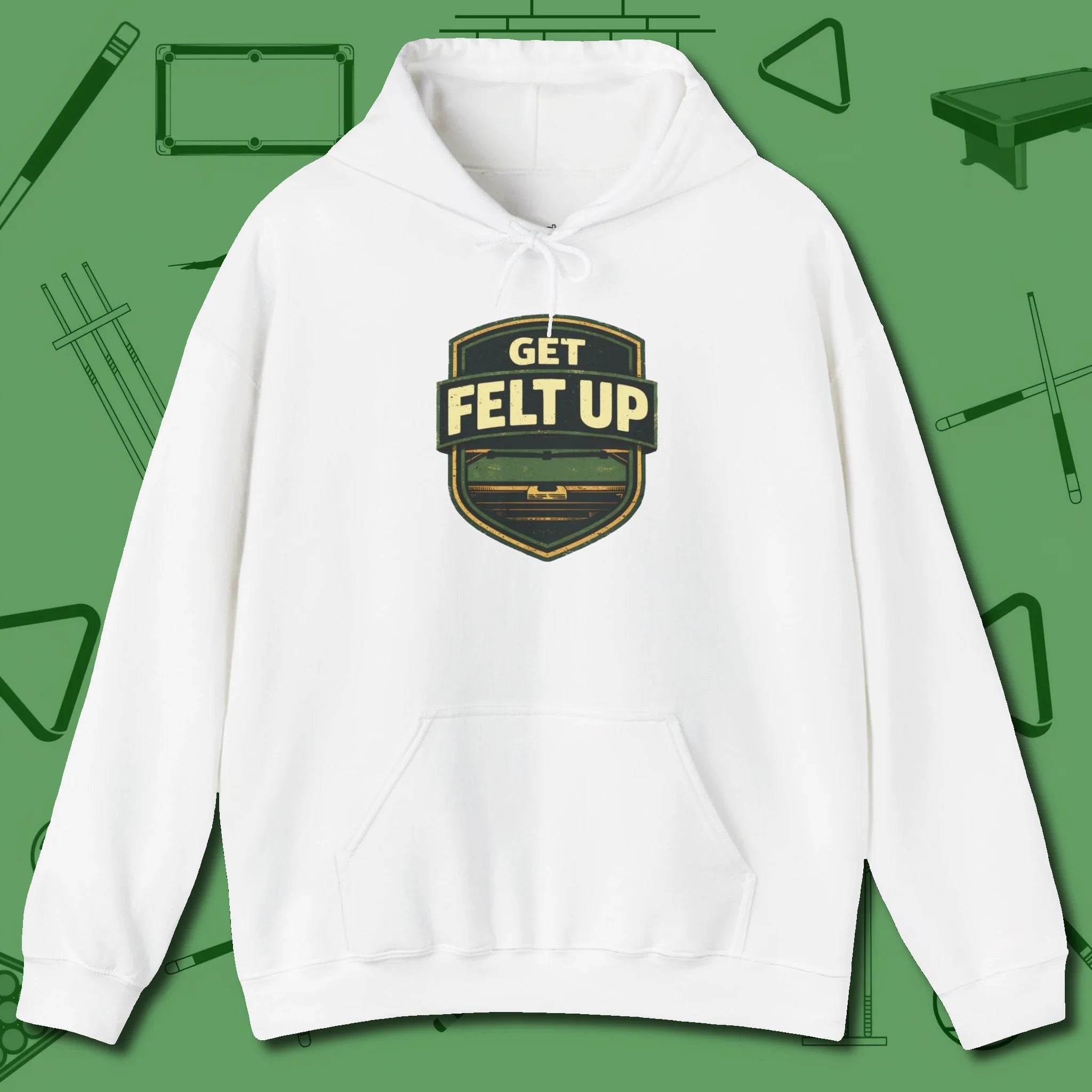 Get Felt Up Billiards Hoodie, front view, in White the shirt that plays position
