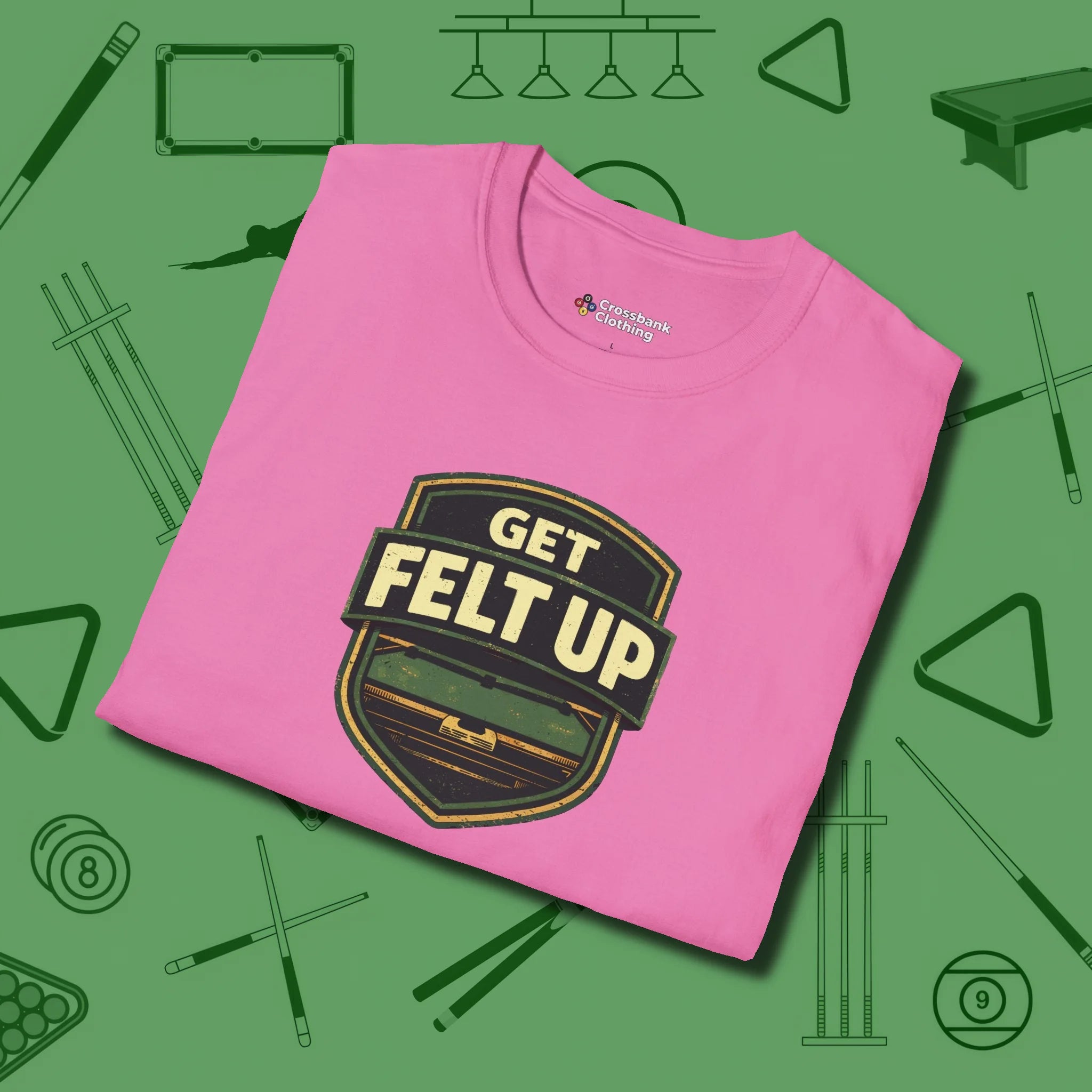 Get Felt Up Billiards T-Shirt, folded view, in Azalea make every shot — and outfit — count