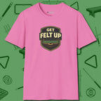 Get Felt Up Billiards T-Shirt, front view, in Azalea precise, confident, always in control
