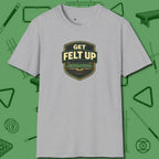 Get Felt Up Billiards T-Shirt, front view, in Sport Grey poolroom style with tournament attitude