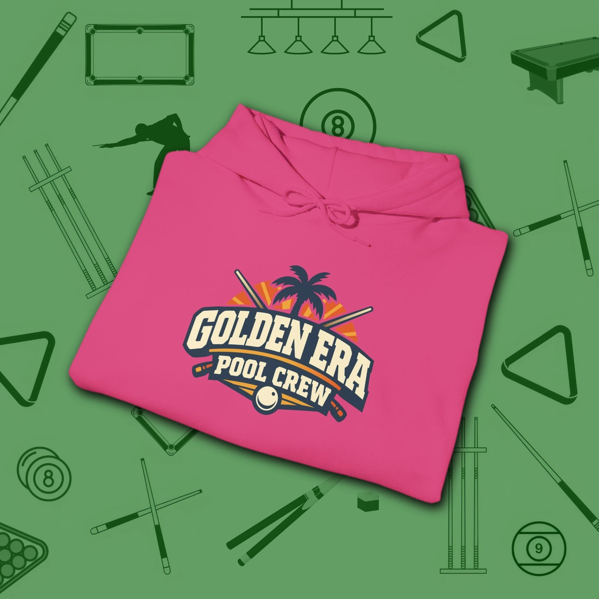 Golden Era Pool Crew Hoodie, in Heliconia color, billiards hoodie, folded view