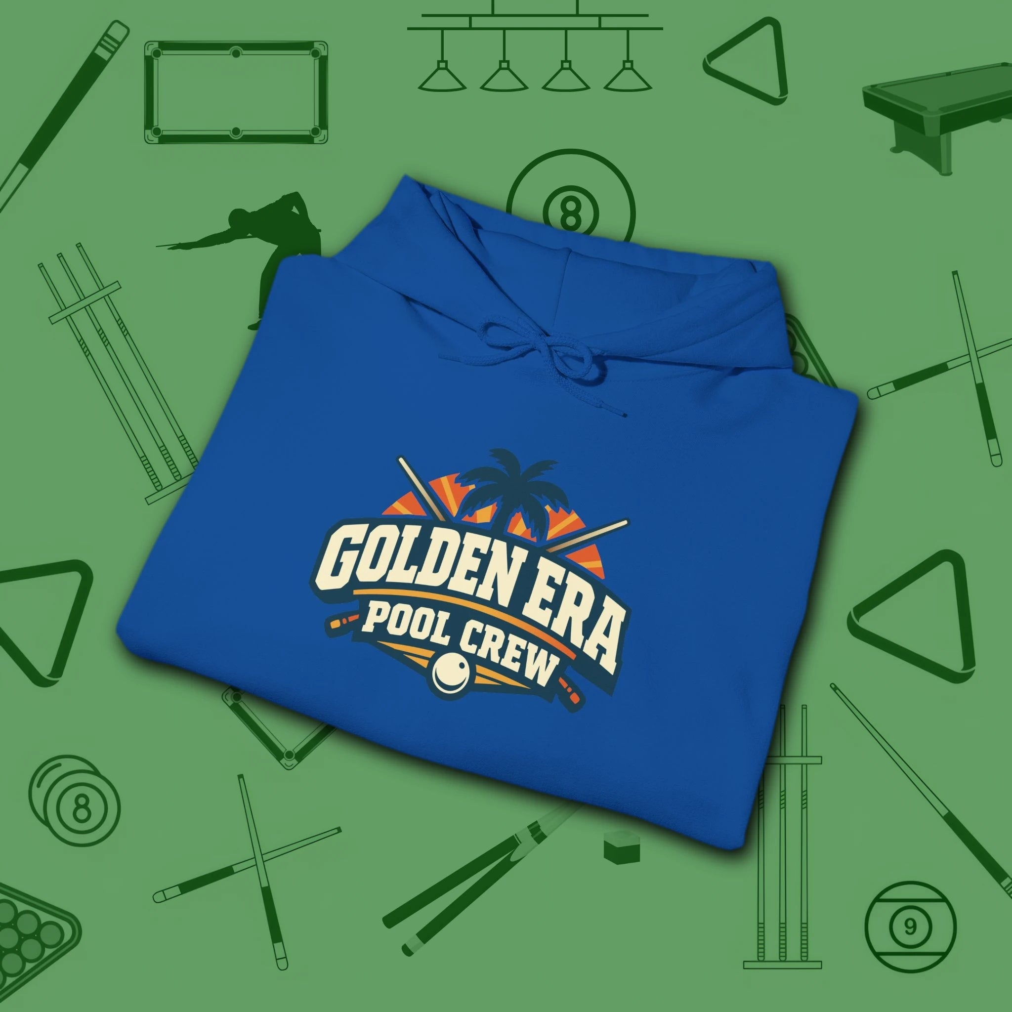 Golden Era Pool Crew Hoodie, in Royal color, billiards hoodie, folded view