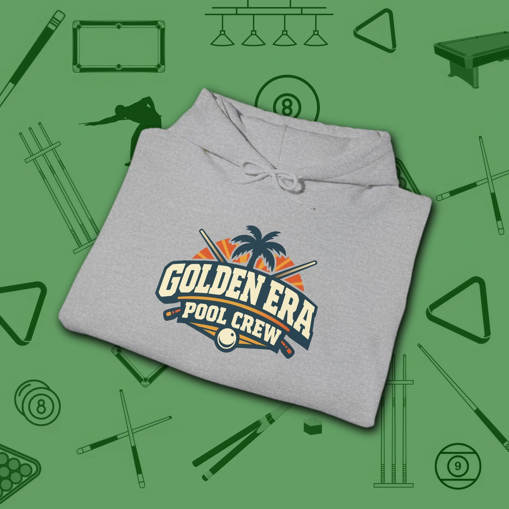 Golden Era Pool Crew Hoodie, in Sport Grey color, billiards hoodie, folded view