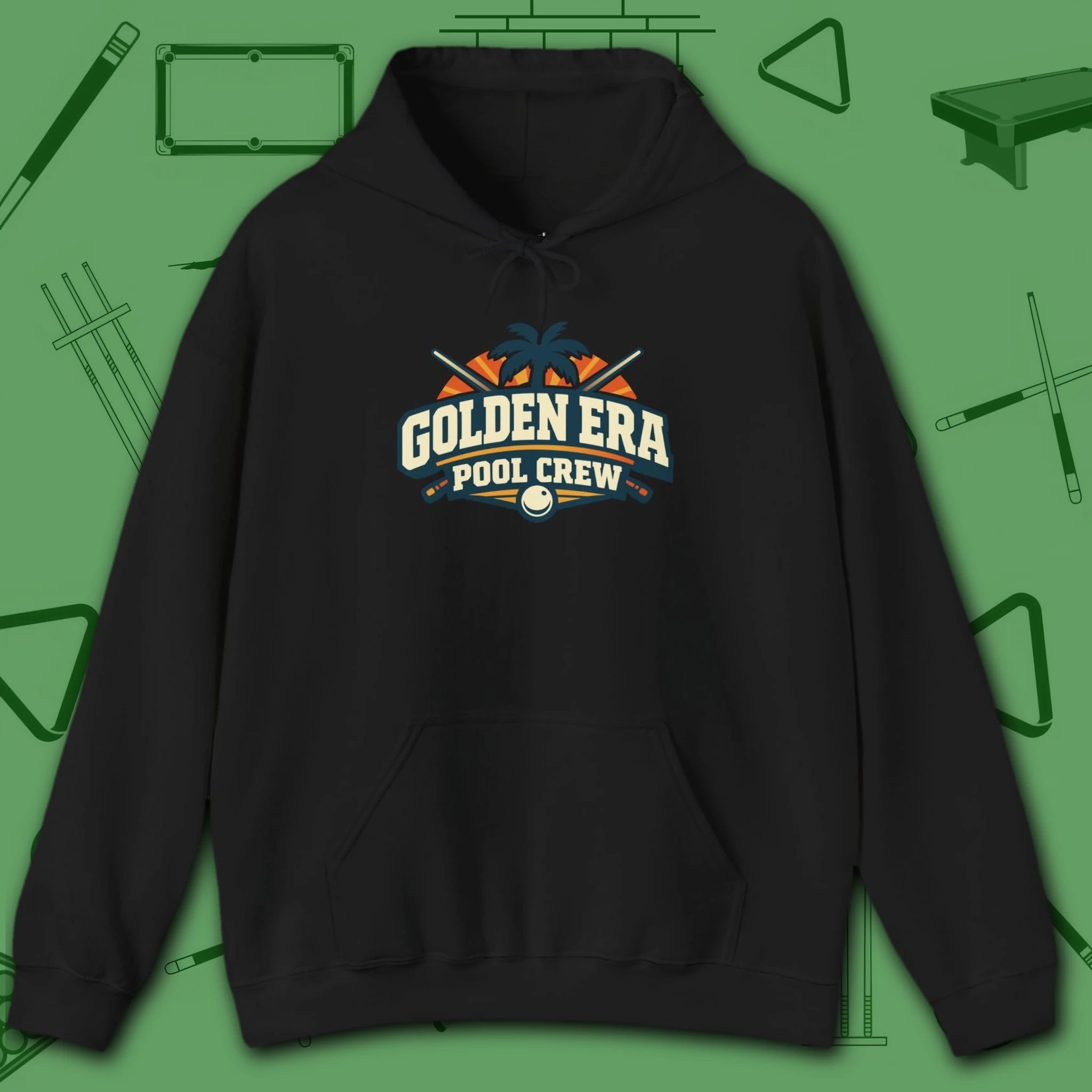 Golden Era Pool Crew Hoodie, in Black color, billiards hoodie, front view