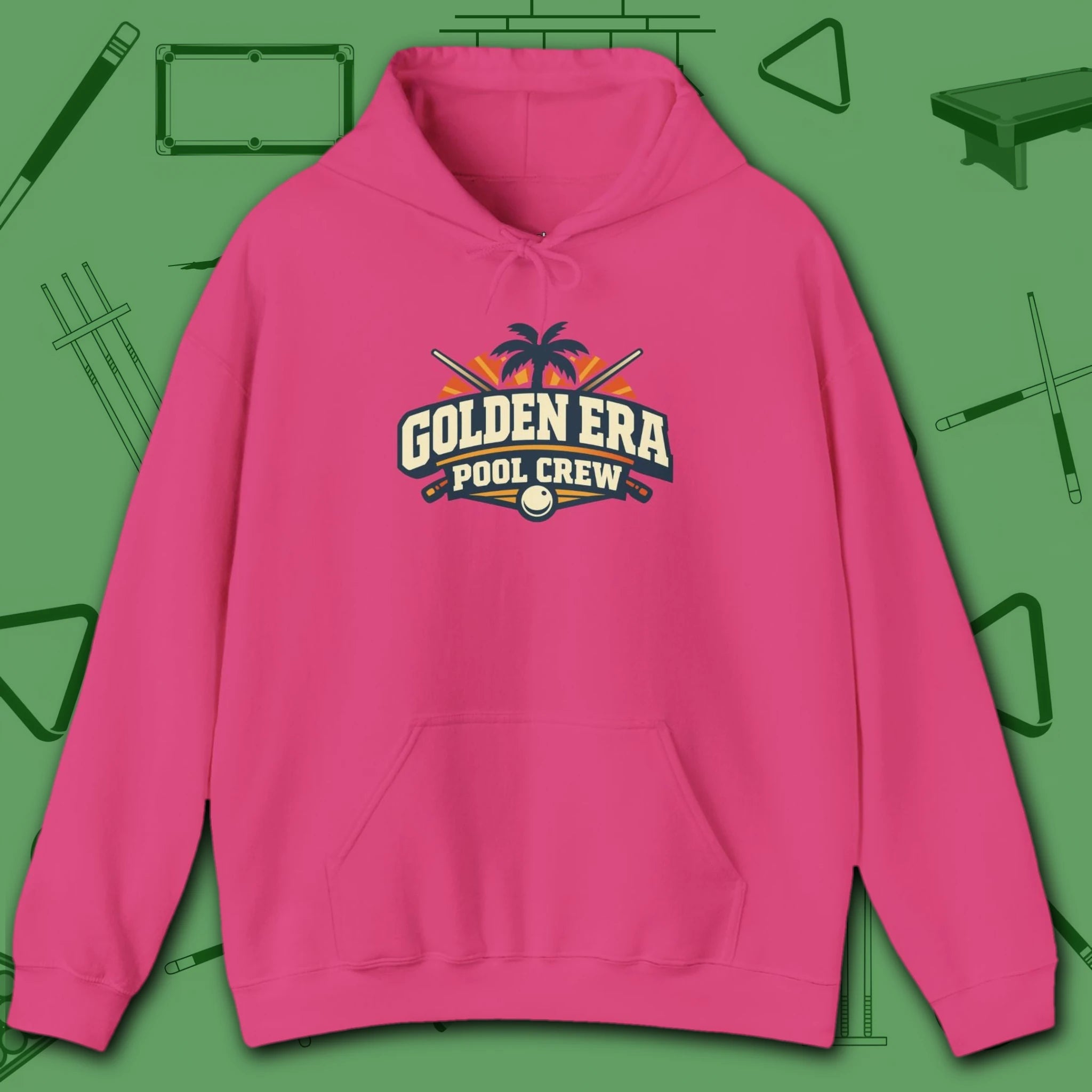 Golden Era Pool Crew Hoodie, in Heliconia color, billiards hoodie, front view