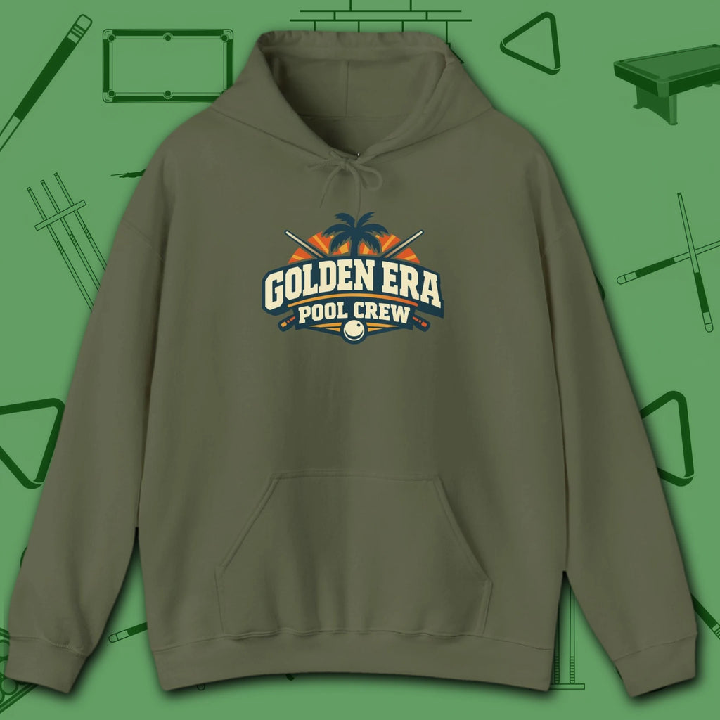 Golden Era Pool Crew Hoodie, in Military Green color, billiards hoodie, front view