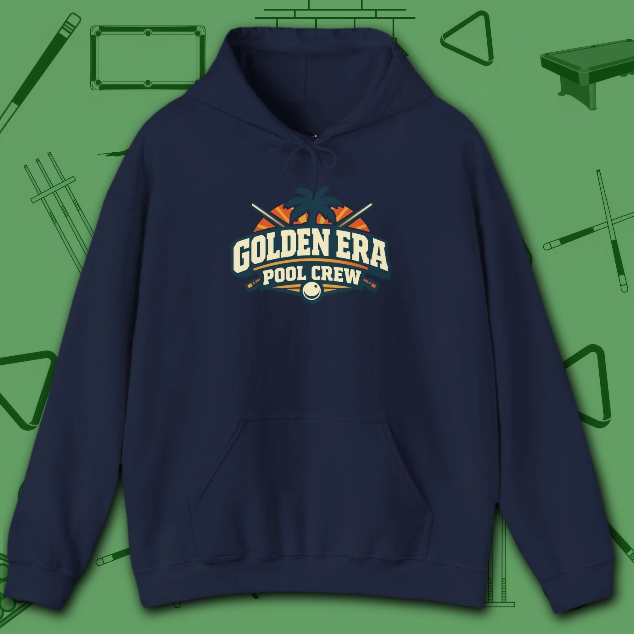 Golden Era Pool Crew Hoodie, in Navy color, billiards hoodie, front view
