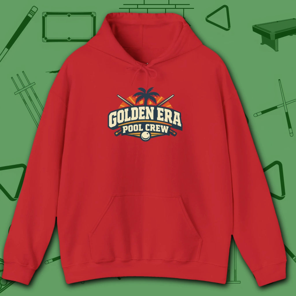 Golden Era Pool Crew Hoodie, in Red color, billiards hoodie, front view