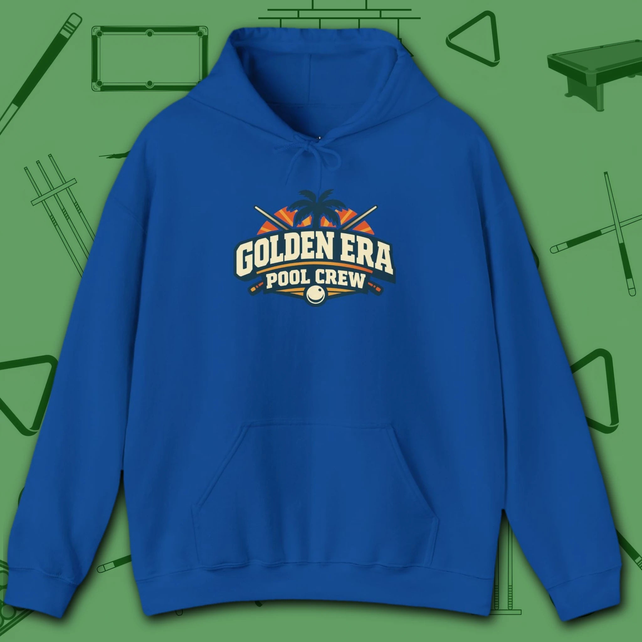 Golden Era Pool Crew Hoodie, in Royal color, billiards hoodie, front view