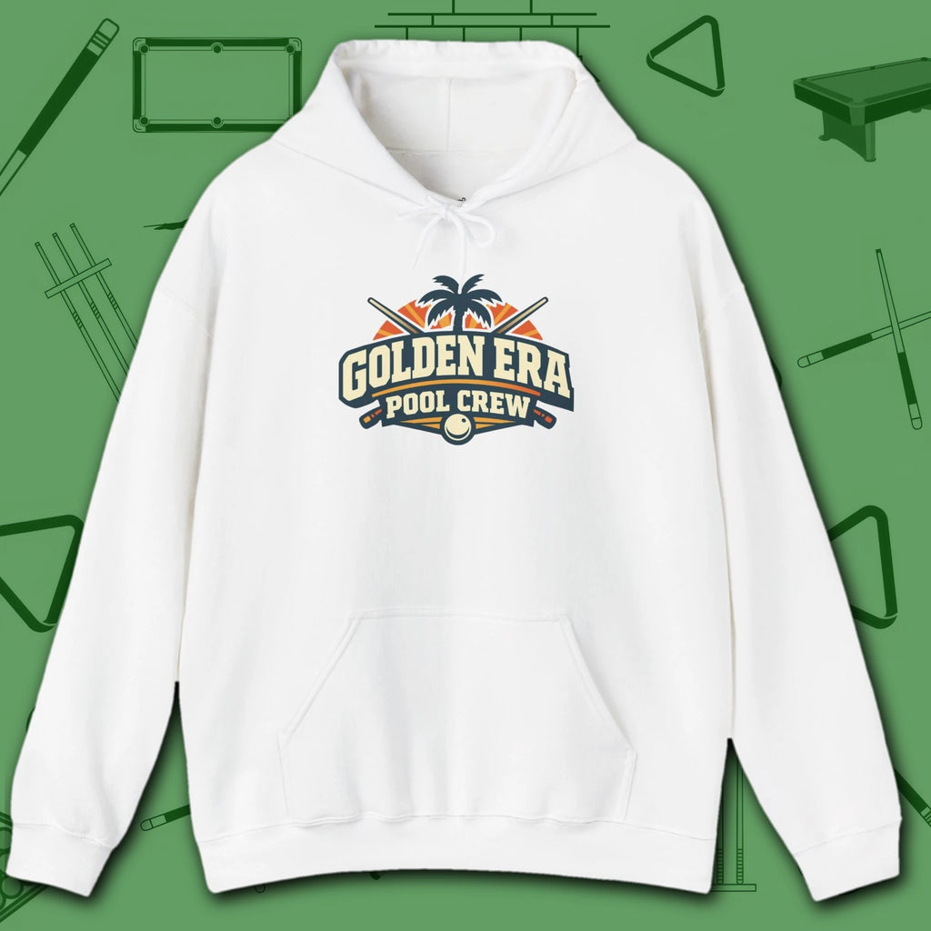 Golden Era Pool Crew Hoodie, in White color, billiards hoodie, front view