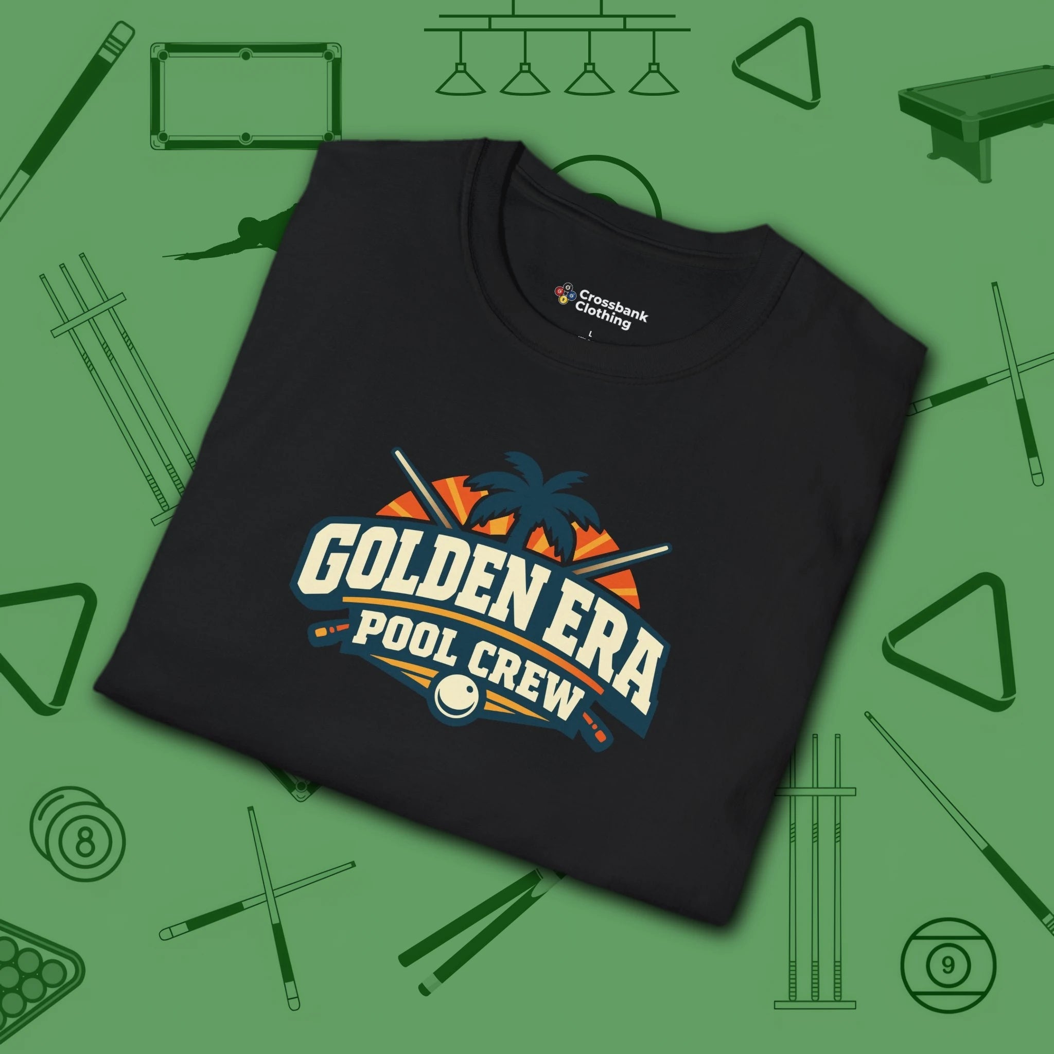 Golden Era Pool Crew T-Shirt, in Black color, billiards shirt, folded view