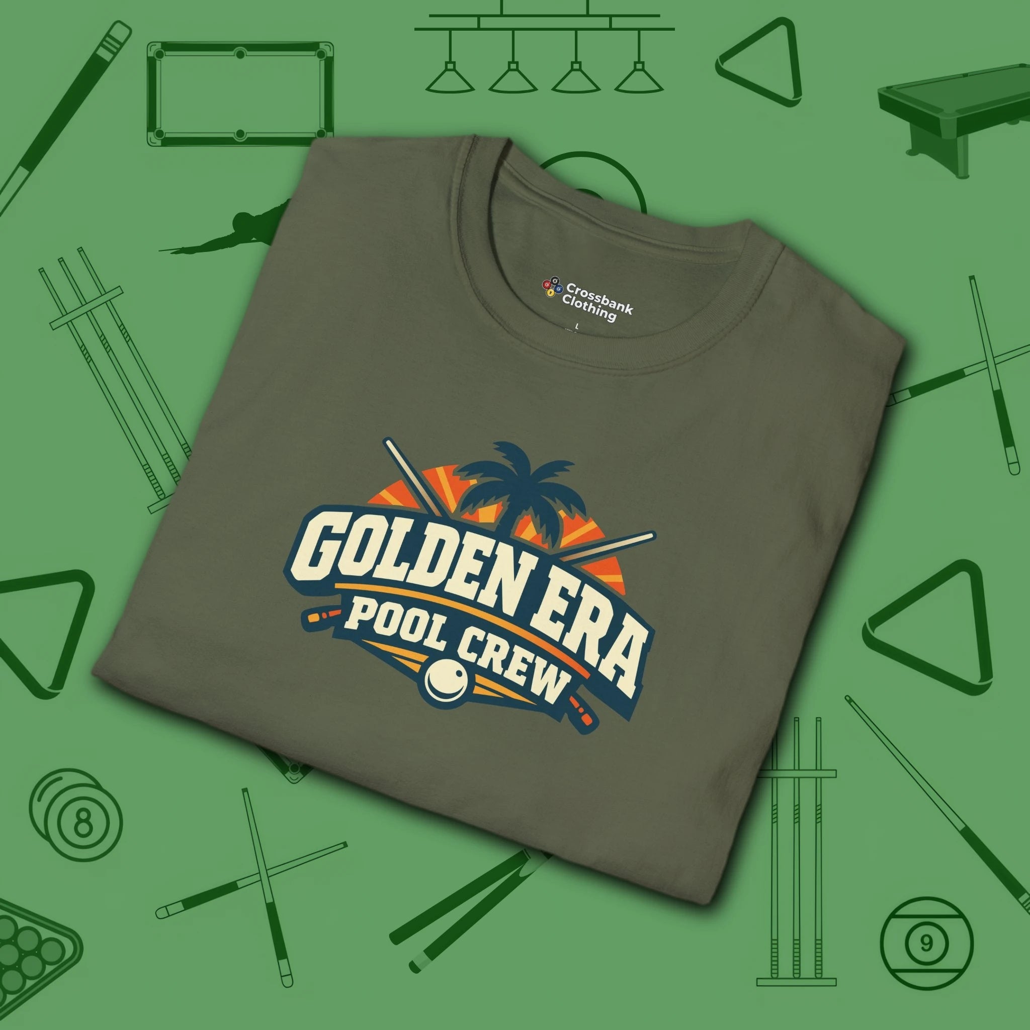 Golden Era Pool Crew T-Shirt, in Military Green color, billiards shirt, folded view