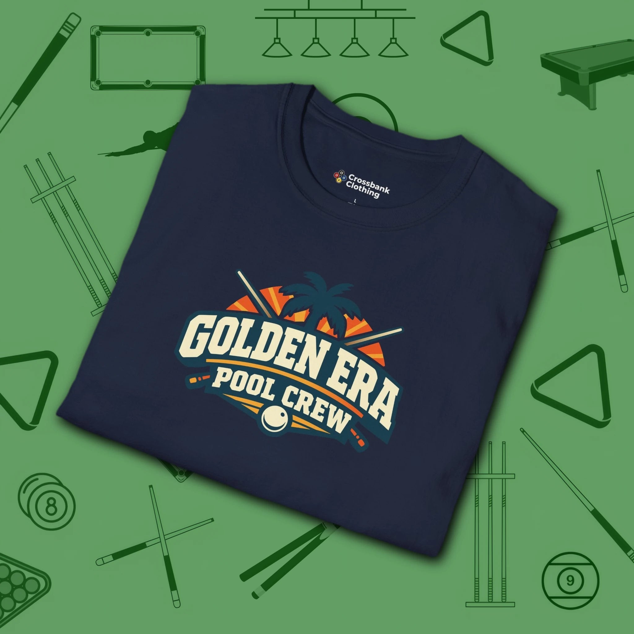 Golden Era Pool Crew T-Shirt, in Navy color, billiards shirt, folded view