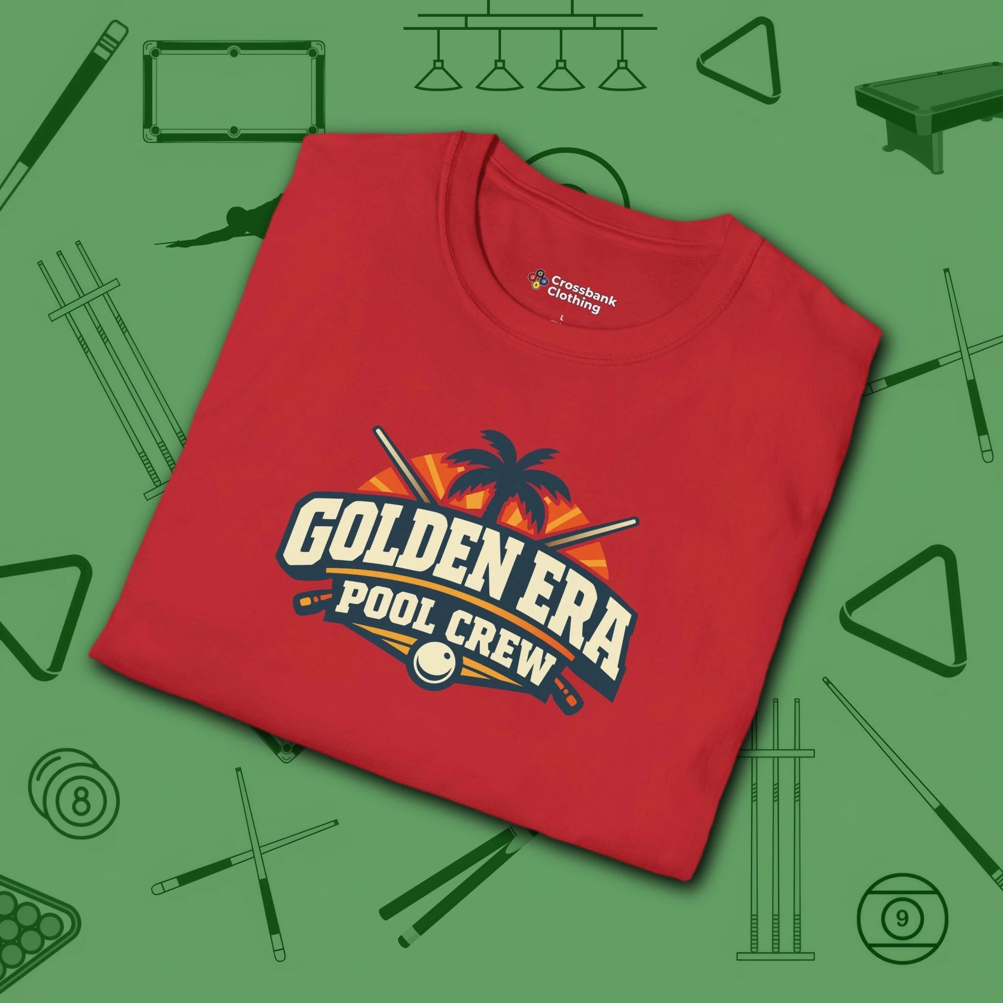 Golden Era Pool Crew T-Shirt, in Red color, billiards shirt, folded view